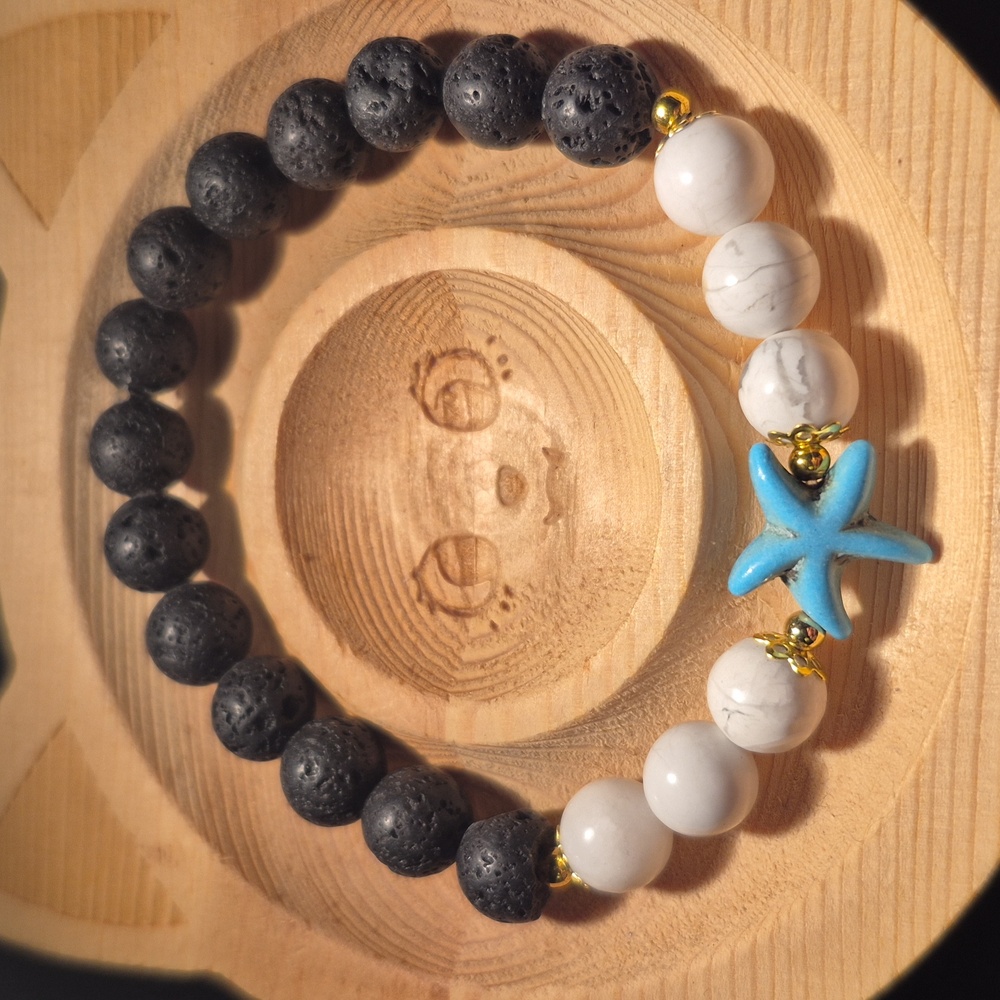 White magnesite with starfish and lava beads